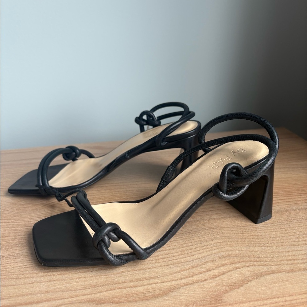 By Far Charlie Black Leather Knot Sandals Size 36 Square Toe 2.5” Heel - Picture 2 of 15